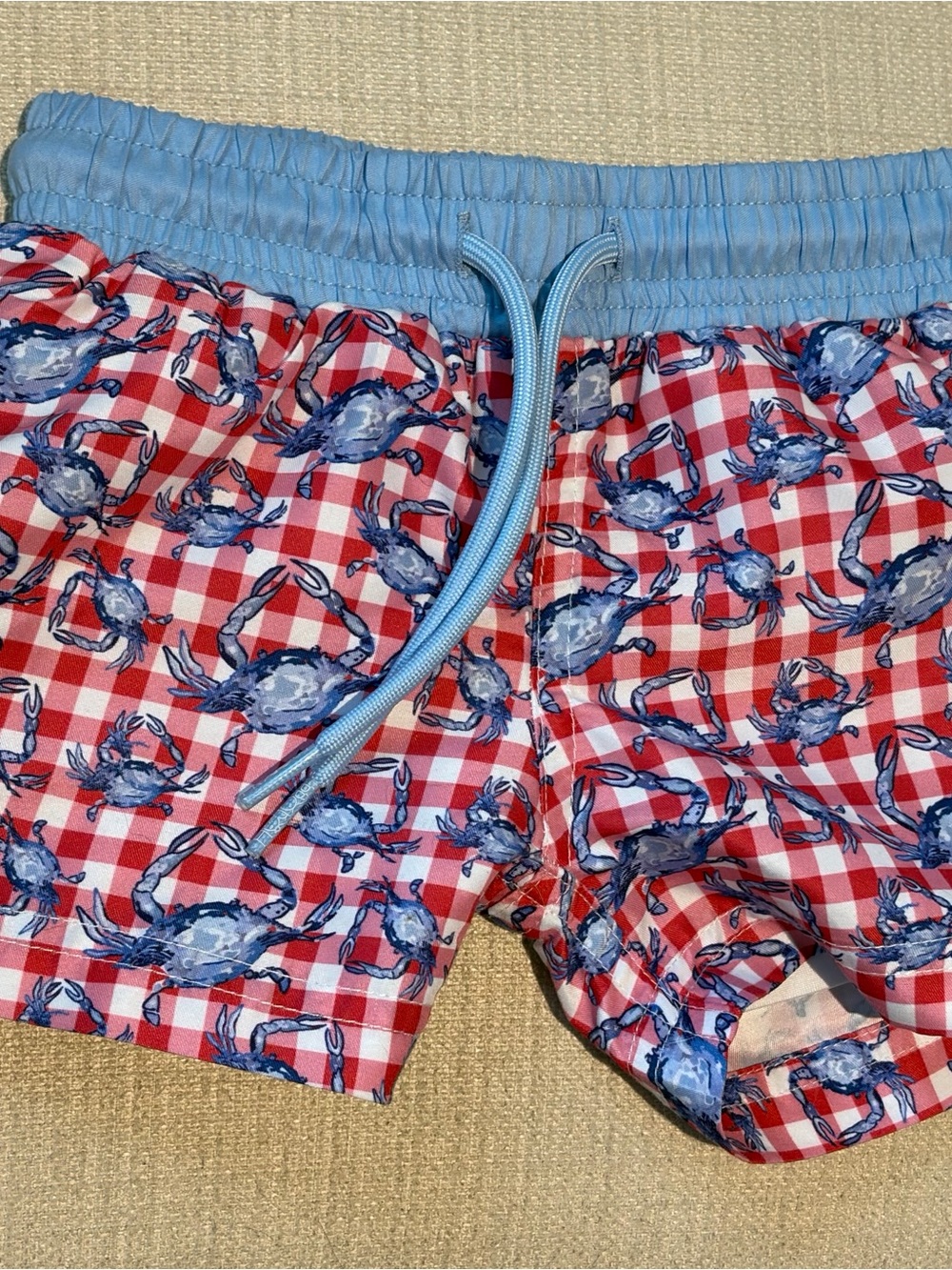 Kids Blue Crab Print Swim Trunks with Light Blue Waistband